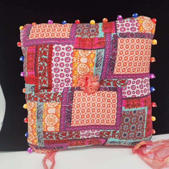 Boho Colorful Patchwork Chair Square Pillow With Ribbon Ties & Beaded Trim - Picture 2 of 6